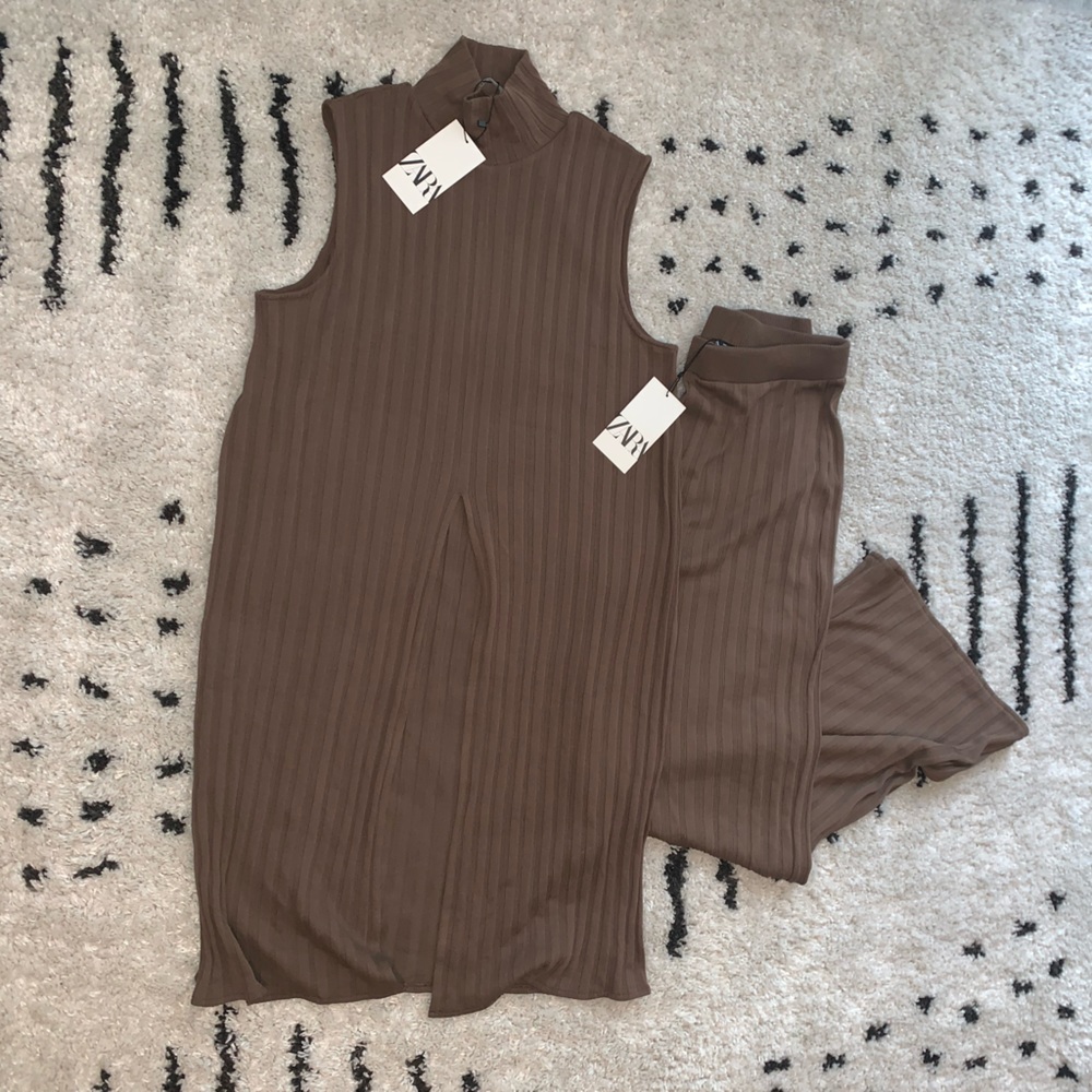 🆕 Zara 2-Piece Slit Ribbed Tunic & Flared Ribbed Pants Set SIZE Large - Picture 12 of 13